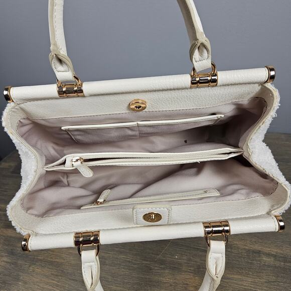 Lauren Conrad Ivory Sherpa Side Faux Leather Satchel Bag Gold Hardware Winter - Picture 5 of 9